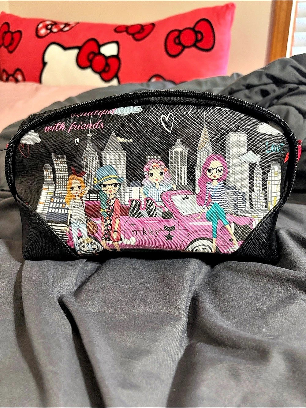 nikky girls print cosmetic bag Cosmetic Bag in Black & Pink